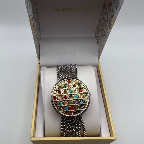 Charter Club Multicolor Rhinestone Cover Silver-Tone Multi-Chain Bracelet Watch - Picture 2 of 7